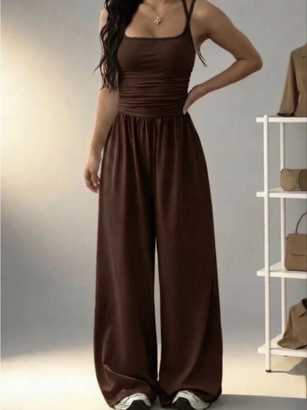 Women's Brown Wide-Leg Jumpsuit with Spaghetti Straps
